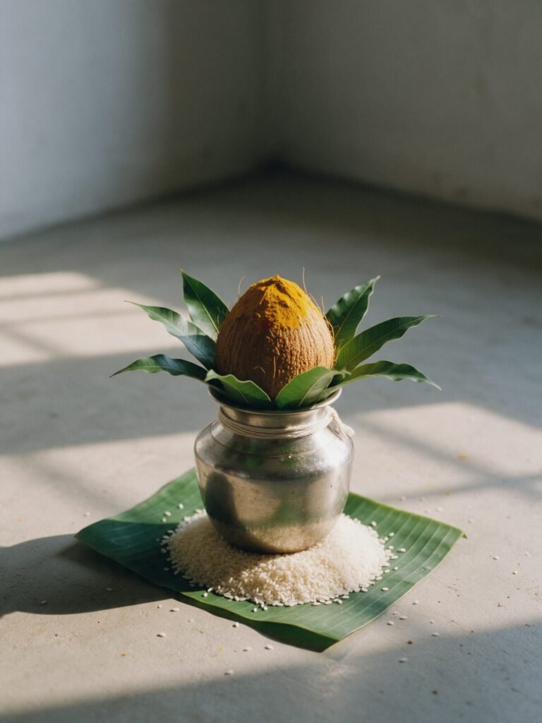 Illustrative kalasam arranged on a banana leaf