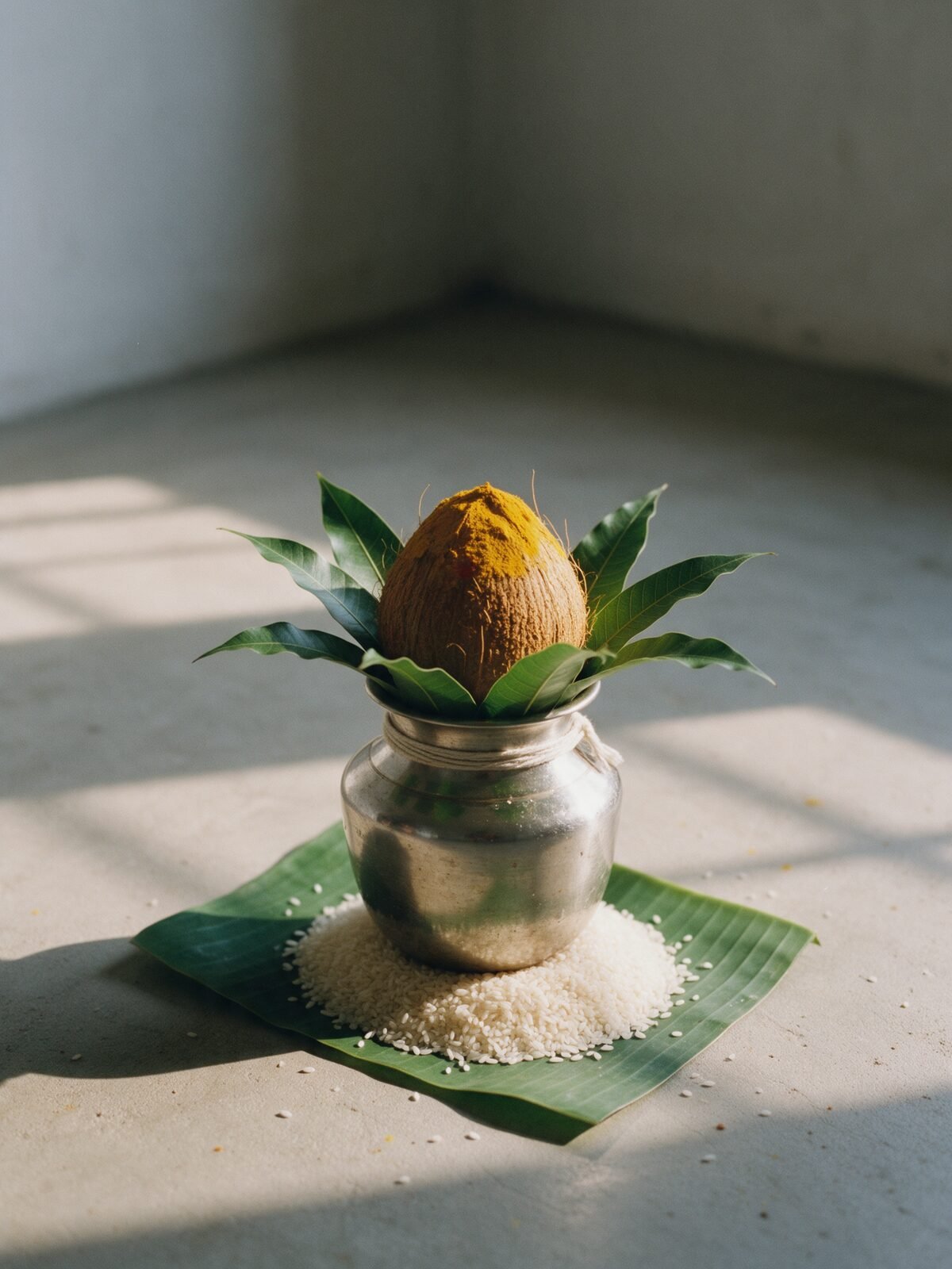 Illustrative kalasam arranged on a banana leaf