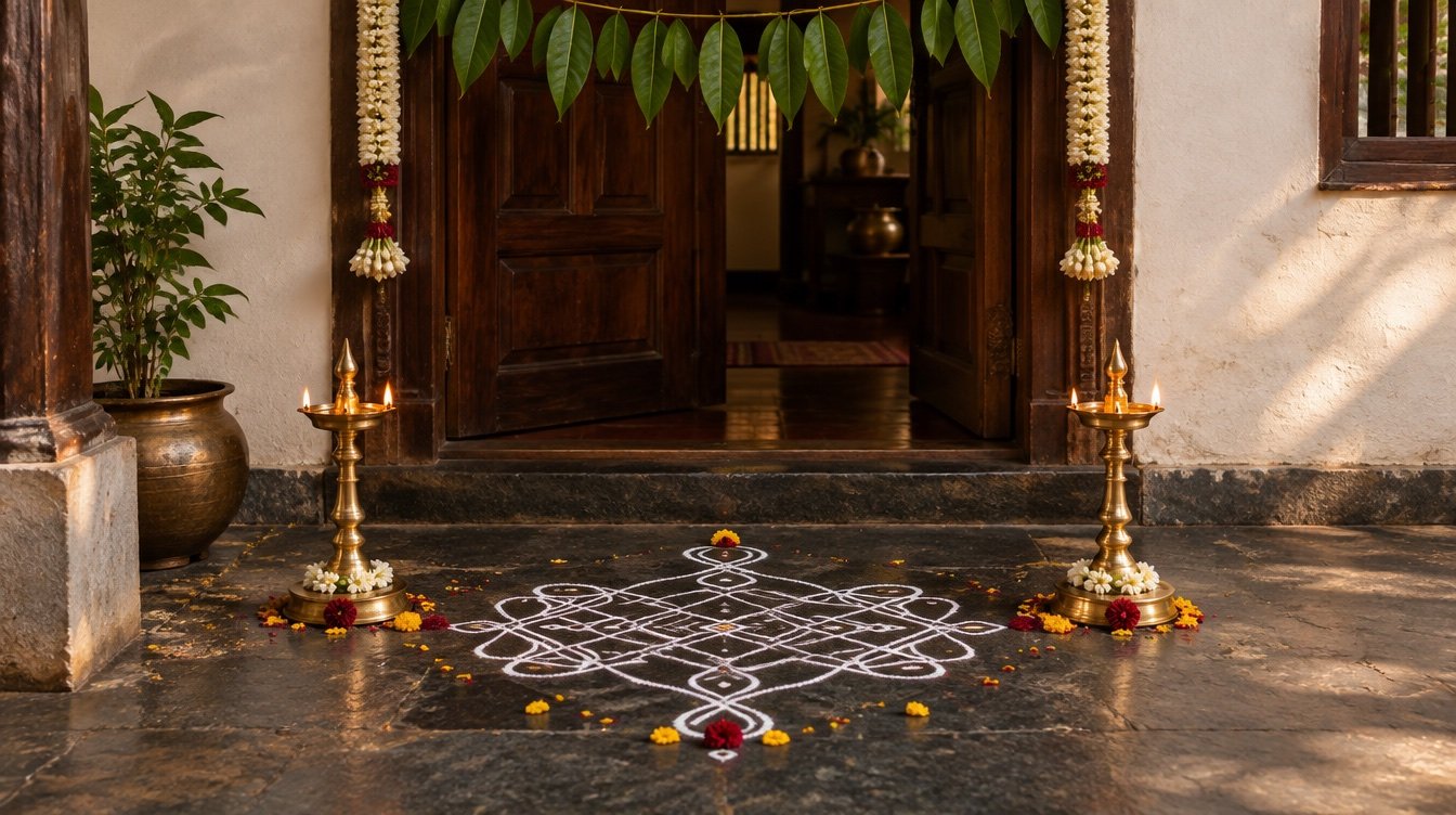Illustrative South Indian doorway with a kolam, mango leaves and brass lamps.